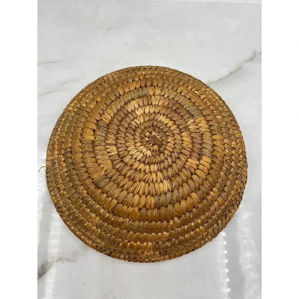 Vintage Hand Woven Coiled Basket Bowl Round Boho Decorative Tray 10.5 Inch